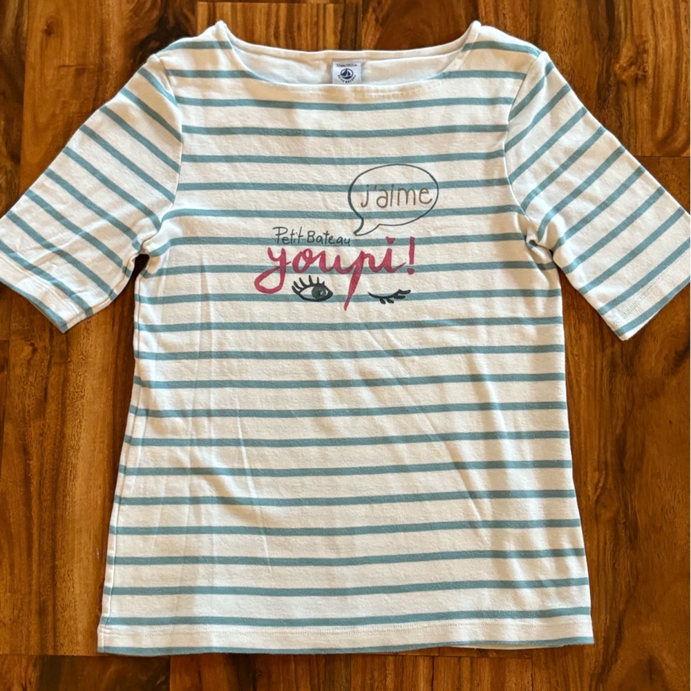 Petit Bateau Girls Nautical Soft Aqua Striped Tee Shirt 12 Ans 10 12 Breton Top